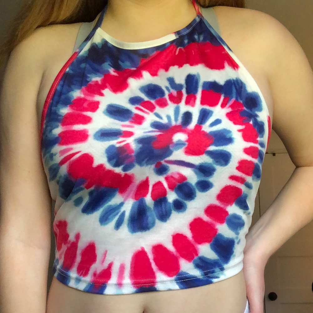 red white and blue tie dye halter top